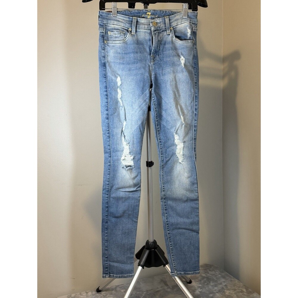 7 For All Mankind Women's 26 Skinny Jeans Light Wash Distressed Stretch 5-Pocket